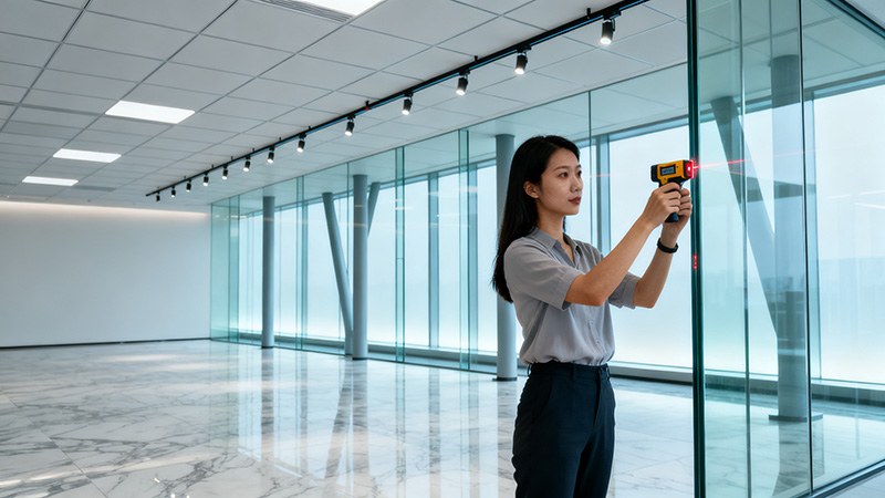 辦公室裝修現(xiàn)場玻璃面積測量